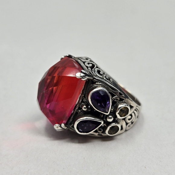 Mystic Quartz Ring Sz 5.5 Sterling Silver Amethyst Citrine Brown Stones Ornate - Picture 3 of 9